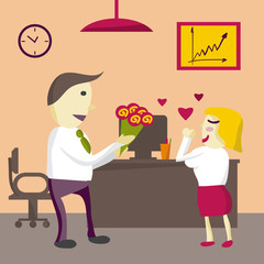 Love in office. Man Manager gives flowers woman in the office on