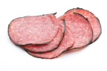 Sausage slices isolated on white background cutout.