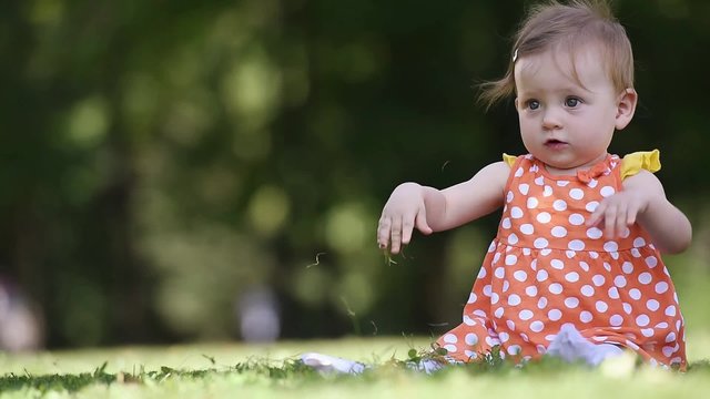 happy newborn baby playing with grass in park at beautiful sunny day