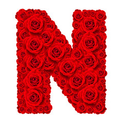 Rose alphabet set - Alphabet capital letter N made from red rose blossoms isolated on white...