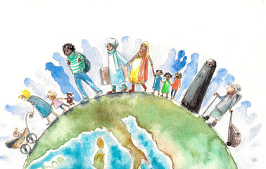 Illustration of people different nationalities going on a Earth.Picture created with watercolors - obrazy, fototapety, plakaty