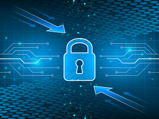 Security abstract vector dark blue background with circuit board, arrows and glitter.