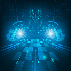 Abstract vector futuristic technological circuit board dark blue background.