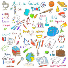 Freehand drawing school items, Back to School. Hand drawing set of school supplies sketchy doodles vector illustration, doodles, science, physics, calculus, oral exam, history, biology