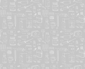 Heart shaped background made of healthcare and medicine hand drawn icons, doodle medical elements, vector background with wellness freehand drawings. Vector sketch illustration