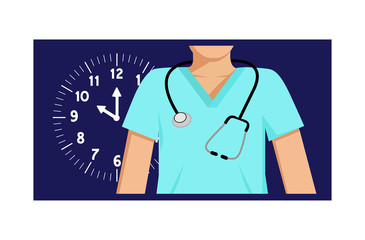 Flat vector image of a doctor with a clock behind him and a night-time background