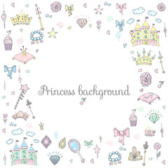 Hand-Drawn Vintage Princess Girl Set, Doodle Design Elements, Sketchy Fairy Tale Princess Tiara Crown Notebook, Vector Illustration, for design and scrapbook, castle, diamond, fairy mirror, magic wand