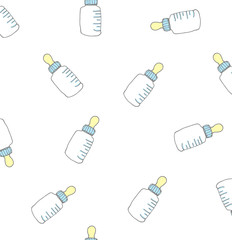 Seamless background of baby shower vector illustration icons, hand drawn baby bottle with teat, baby milk doodle element, it's a baby boy or girl design icons, sketch for children's bottle
