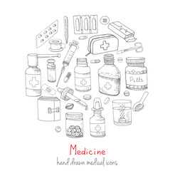 Set of health care and medicine hand drawn icons, doodle medical elements, vector background with wellness freehand drawings. Vector sketch illustration