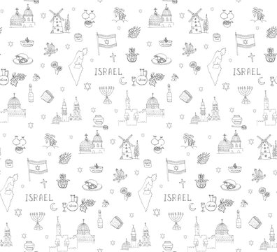 Seamless background, set of hand drawn Israel icons, Jewish sketch illustration, doodle elements, Isolated national elements made in vector. Travel to Israel icons for cards and web pages
