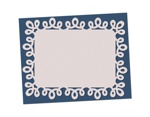 Christmas blue card with space and christmas openwork, lacy, patten, rewattled ornament  isolated on white background