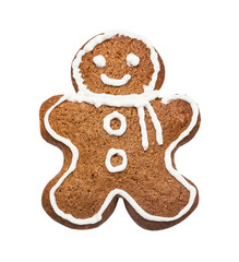 Gingerbread cookie made in the shape of a Christmas man isolated on the white