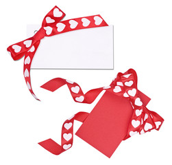 Set of two cards with bow from ribbon hearts for St. Valentine's Day on the white