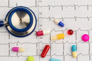 Stethoskop und Tabletten auf einem EKG