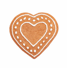 Handmade heart shaped gingerbread cookie isolated on white background