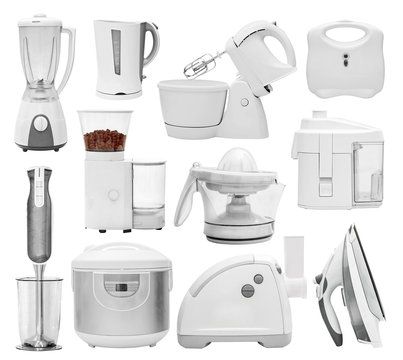 Set of different types of kitchen devices (blender, grinder, mill, multi cooker, crock-pot, multivarka, disassembled, mincer, hasher, chopper, extractor, squeezer, mixer, iron)  isolated on white