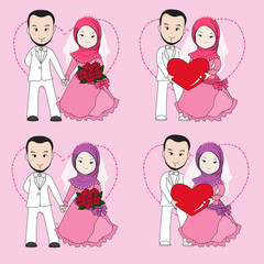 Muslim wedding couple, bride and groom holding each other's hand with happy face.