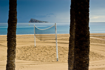 The pitch is volleyball between two palm trees on a sandy beach in Benidorm with the island in the background
