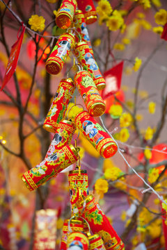 Chinese Lunar New Year ot Tet decorations on the street, Vietnam.