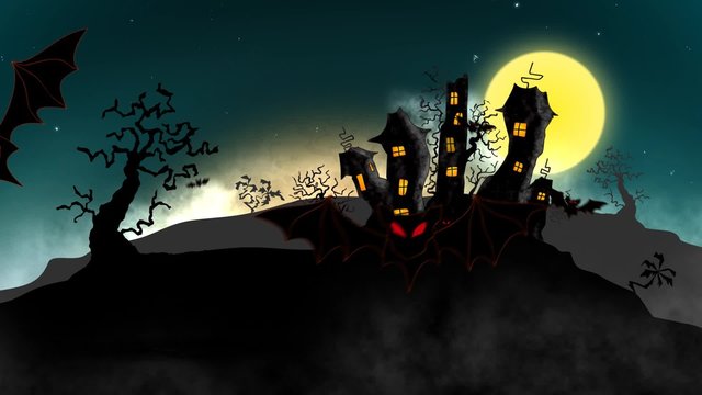 haunted halloween castle on the hill with shining Moon