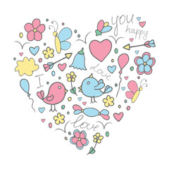 Romantic hand drawn doodle vector concept in love with birds and
