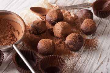 chocolate truffles sprinkled with cocoa powder close-up. horizontal
