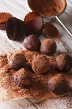 Cooking chocolate truffles close-up. vertical

