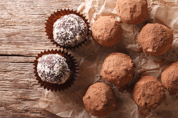 Chocolate truffles  in a rustic style. horizontal top view
