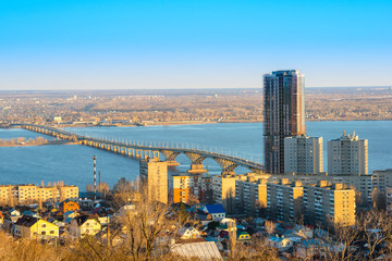 beautiful landscape of river Volga with bridge and view on Sarat