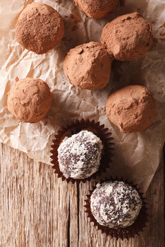 Chocolate truffles  in a rustic style. vertical top view
