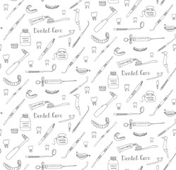 Seamless background of hand drawn dental care icons, Dental symbols, Dental floss, teeth, mouth, tooth paste, tooth brush, dentist instruments doodle icons, sketch, brilliant smile, tooth wash