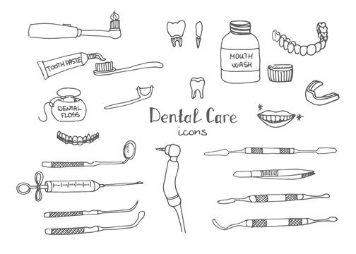 Hand Drawn Vector Dental Care Icons, Dental Symbols, Dental Floss, Teeth, Mouth, Tooth Paste, Tooth Brush, Dentist Instruments Doodle Icons, Sketch, Brilliant Smile, Tooth Wash