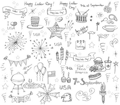 Set of hand drawn vector illustration elements Happy Labor Day, 7th of September, set of design elements for Labor Day, national holiday, fireworks, star, flag, I love USA
