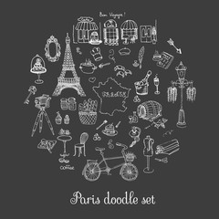 Set of hand drawn French icons, Paris sketch illustration, doodle elements, Isolated national elements made in vector. Travel to France icons for cards and web pages, Paris symbols collection