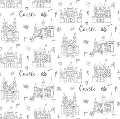 Naklejka premium Seamless background of set of hand drawn cartoon fairy tale castle icons, castle doodle vector sketch 