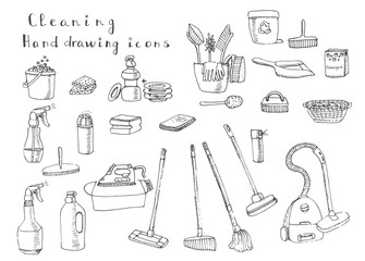 Hand drawn vector cleaning service icons, Cleaning symbols, tools, Detergent, iron, mop, dust pan, brushesm bleach, duster, washing liquid, vacuum cleaner, doodle icons, sketch