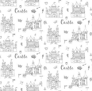Seamless background of set of hand drawn cartoon fairy tale castle icons, castle doodle vector sketch 