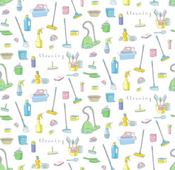 Seamless background of hand drawn vector cleaning service icons, Cleaning symbols, tools, Detergent, iron, mop, washing liquid, vacuum cleaner, doodle icons, sketch