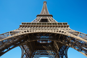 Eiffel tower, sunny summer day with blue sky in Paris