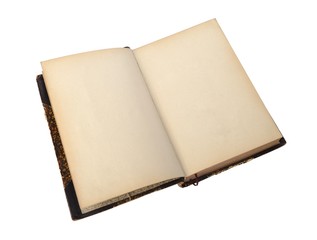 Open antique book on a white background