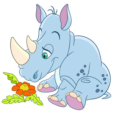 cute happy and dreamy cartoon rhino (rhinoceros) is inspired by the beautiful little daisy flower, isolated on a white background