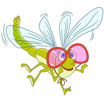 cute lovely and happy girlish cartoon dragonfly with glasses is flying, isolated on a white background