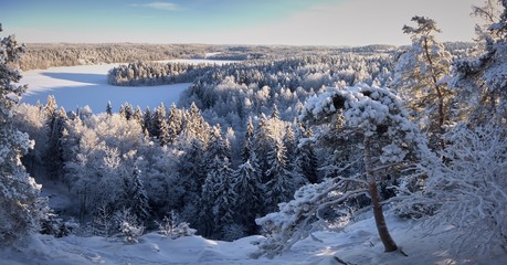 Snowy panorama landscape at Aulanko nature park in Finland. Icy lake and forest view from the viewpoint . HDR image.