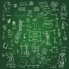 Freehand drawing school items Back to School Science theme Hand drawing set of school supplies sketchy doodles vector illustration, doodles, science, physics, chemistry, biology, astronomy, blackboard