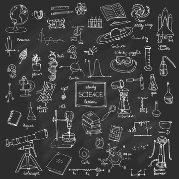 Freehand drawing school items Back to School Science theme Hand drawing set of school supplies sketchy doodles vector illustration, doodles, science, physics, chemistry, biology, astronomy, blackboard