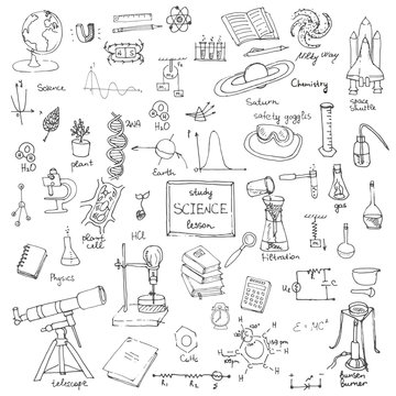Freehand drawing school items, Back to School Science theme, Hand drawing set of school supplies sketchy doodles vector illustration, doodles, science, physics, calculus, chemistry, biology, astronomy