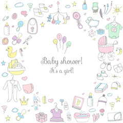 Set of baby shower design vector illustration icons, hand drawn baby care elements, Baby girl shower design icons, children's girl clothing, toy, bib, nappy, carriage, socks, bottle, baby foot print