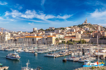 Notre Dame de la Garde and olf port in Marseille, France
