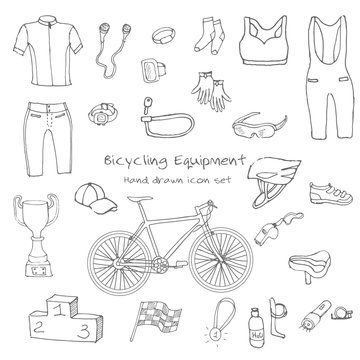 Bicycle equipment hand drawn set, doodle vector illustration of various stylized bicycle icons, bicycling equipment and accessories icons sketch collection, bicycling gear, cycling cloth and shoes