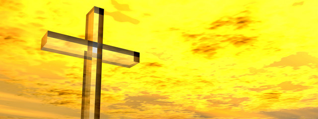 Conceptual glass cross or religion on water over a sunset sky banner